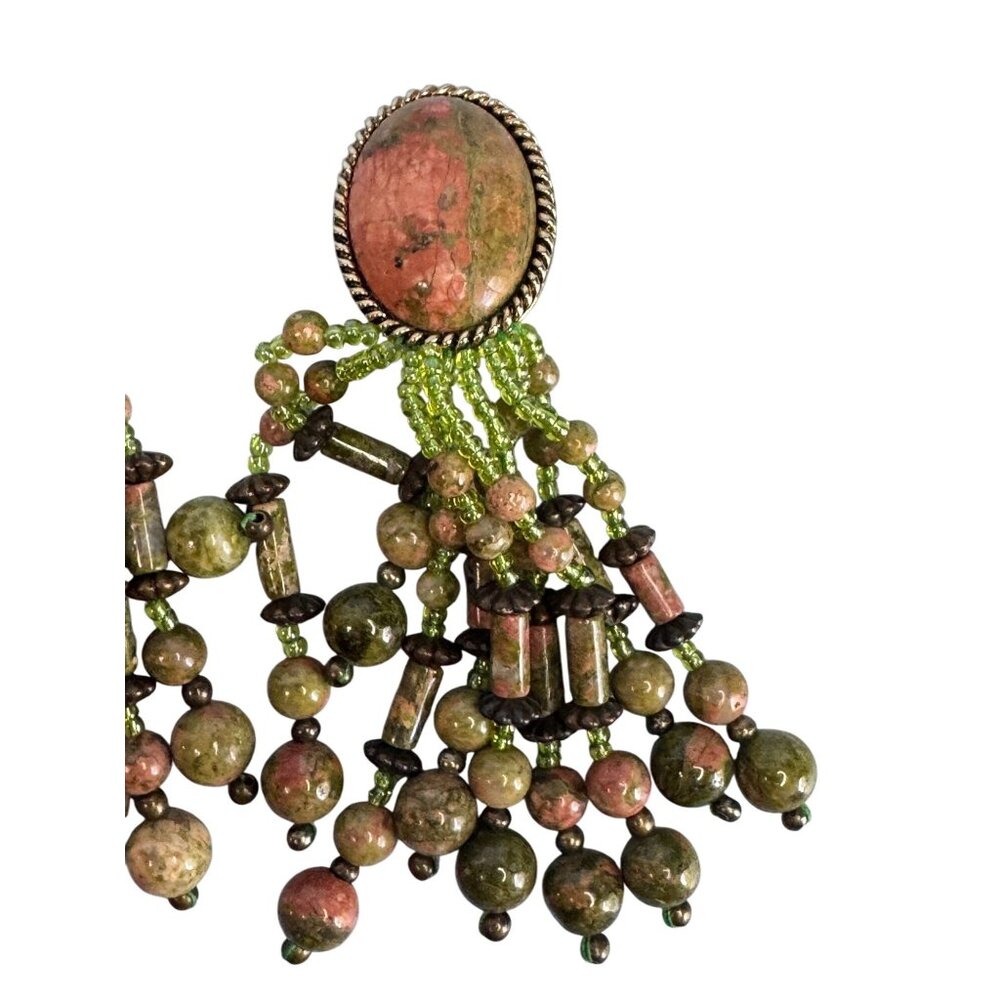 Vintage Unakite Stone Clip-On Earrings Dangling Beaded Tassel Multicolor - Picture 4 of 7